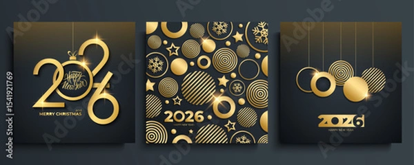 Obraz 2026 Happy New Year greeting cards. Set of 2026 New Year holiday greetings with hand lettering and golden Christmas balls. Black and gold colors. Vector illustration.