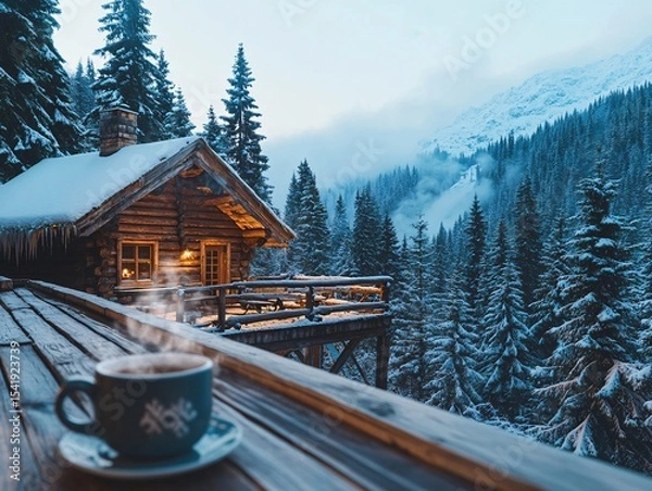 Obraz Cozy winter retreat rustic mountain cabin with snowy pines serene landscape warm atmosphere elevated view