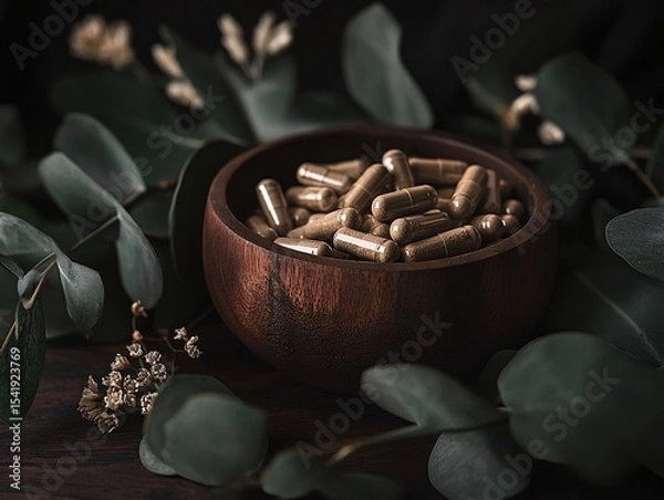 Obraz Natural herbal capsules in rustic wooden bowl cozy home environment still life photography