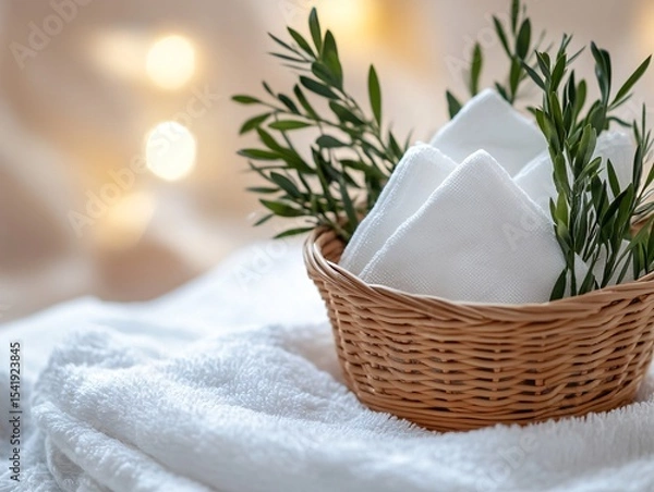 Obraz Cotton reusable face wipes in a woven basket home spa product photography cozy setting top view eco-friendly concept