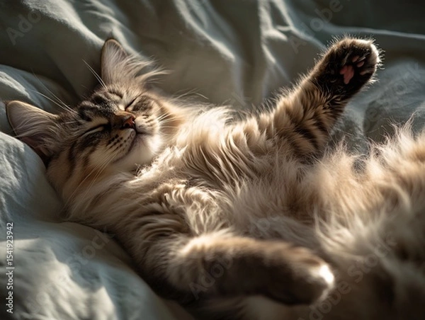 Fototapeta A sleepy cat stretching in bed cozy home animal photography soft lighting relaxing atmosphere
