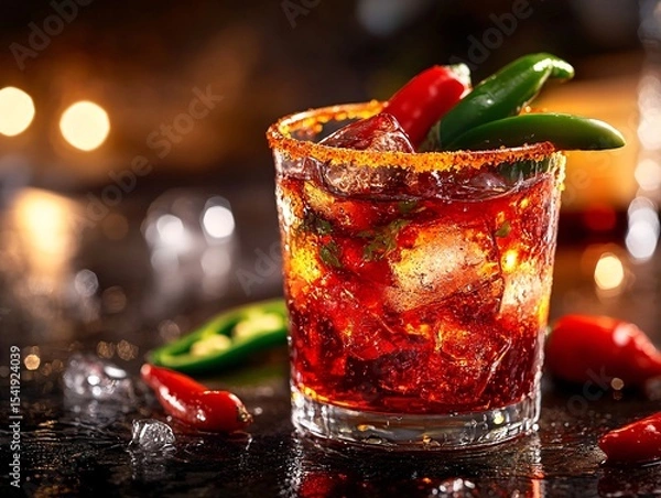 Obraz Spicy cocktail creation bar setting beverage photography nighttime ambiance close-up perspective flavorful experience