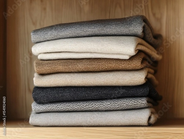 Obraz Neatly folded neutral-colored sweatpants displayed in a minimalist closet lifestyle photography cozy environment top view