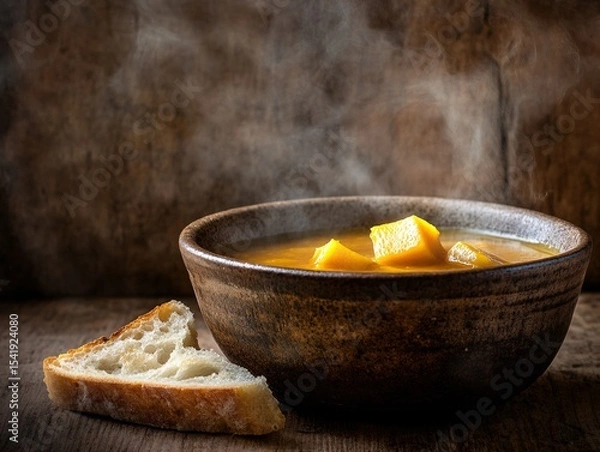 Obraz Warm butternut squash soup with crusty bread rustic kitchen food photography cozy atmosphere close-up view