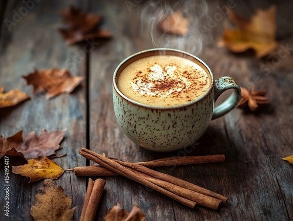 Obraz Fall beverage delight pumpkin spice latte on rustic wood cozy atmosphere warm autumn vibes