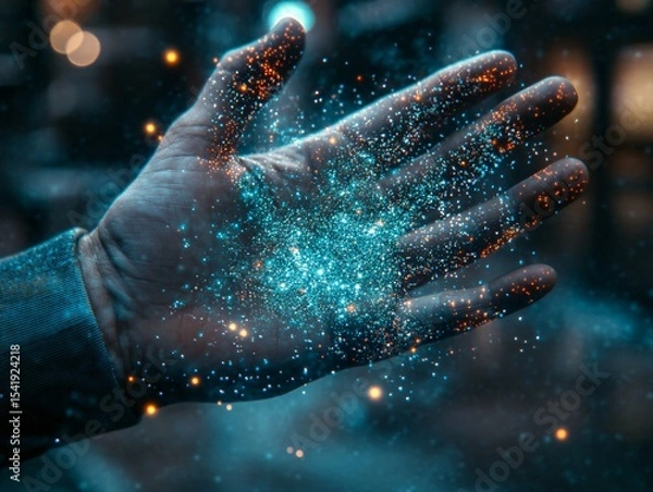Obraz Enigmatic human hand manipulating cosmic particles digital realm superrealistic closeup night environment artistic viewpoint