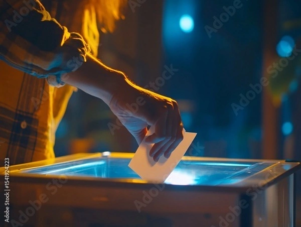 Obraz Voting action hand dropping ballot into box urban environment nighttime viewpoint civic engagement