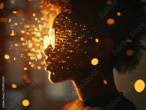 Obraz Ethereal silhouette of a person with sparkling lights studio close-up dreamlike side view creative concept