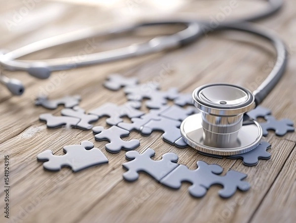 Obraz Medical puzzle piece arrangement healthcare setting stock photo wooden background close-up view conceptual imagery