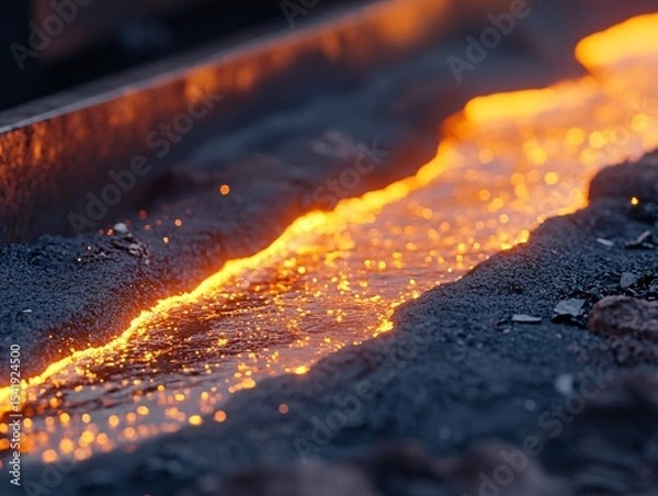 Obraz Molten iron flowing from furnace industrial site superrealistic shot nighttime close-up metalworking concept