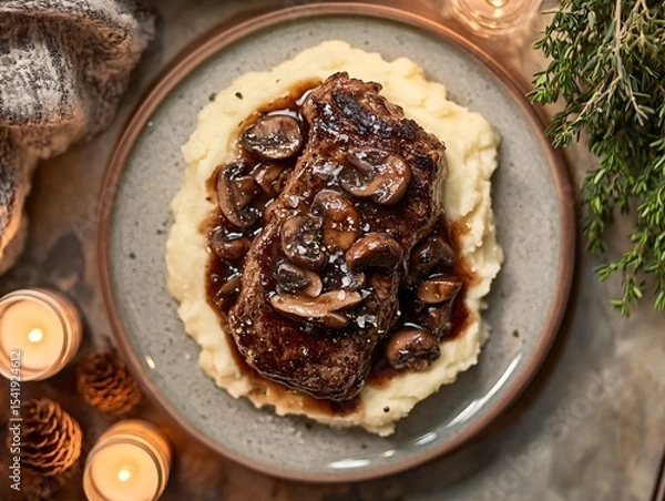 Obraz Delectable steak dinner cozy home setting food photography top-down view gourmet experience