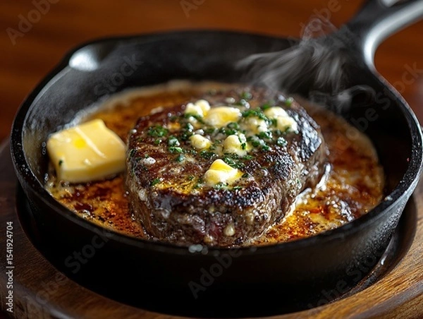 Obraz Searing wagyu steak in cast iron pan gourmet kitchen food photography culinary excellence close-up view