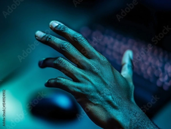 Obraz Closeup of worker’s hand gripping wrist office workspace photography indoor perspective focus on detail