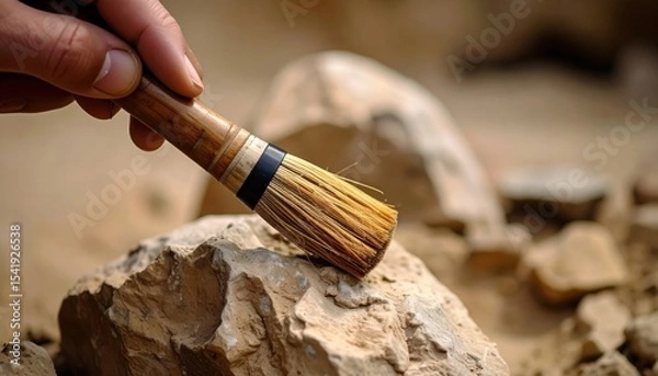 Obraz Close-up of a hand holding a brush, gently cleaning a rock in a natural setting