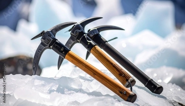 Obraz Three ice axes resting on a bed of ice with a mountainous backdrop, showcasing outdoor gear for climbing