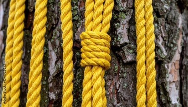 Obraz Close-up of intertwined yellow ropes against a textured tree bark background
