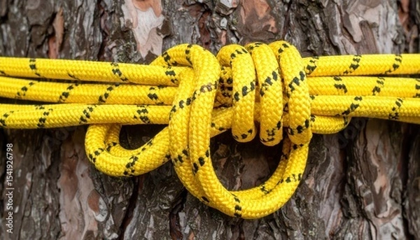 Obraz Close-up of a yellow climbing rope tied in a knot against a textured tree bark background