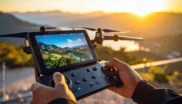 Obraz Person operating a drone controller at sunset, overlooking a scenic mountainous landscape