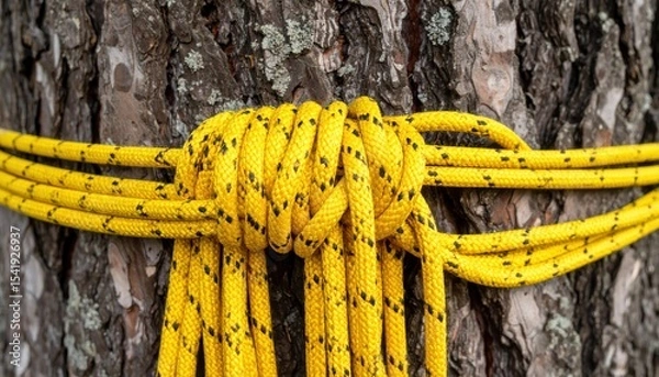 Obraz A close-up of a tightly tied yellow rope knot around a textured tree trunk in a natural setting