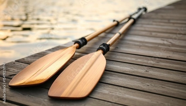Obraz Two wooden paddles resting on a dock by a serene lake at sunset, perfect for outdoor adventures