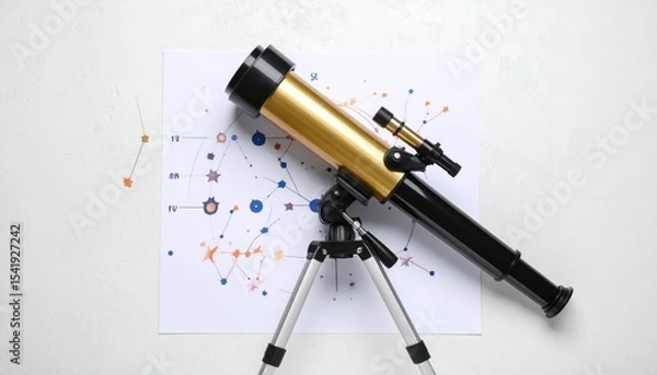 Fototapeta A telescope positioned on a star map, exploring celestial patterns and constellations
