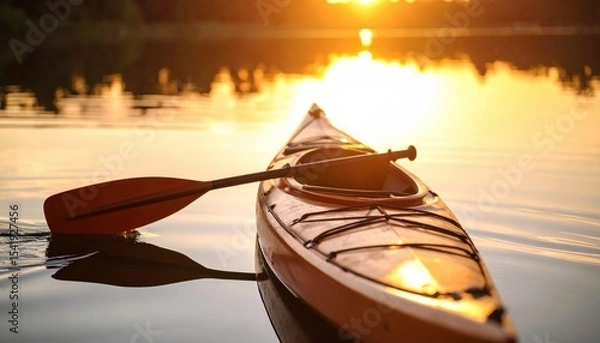 Obraz A serene sunset over a calm lake with a kayak and paddle resting on the water's surface