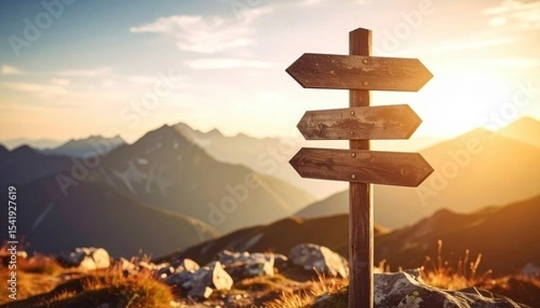 Obraz Scenic mountain landscape with a wooden signpost indicating various directions at sunset
