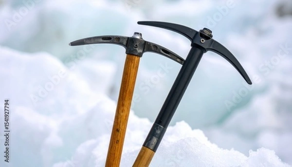 Obraz Two ice axes resting on a snowy surface, showcasing tools for climbing in a cold environment