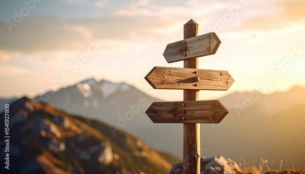 Obraz Wooden directional signpost in a mountainous landscape during sunset, guiding travelers