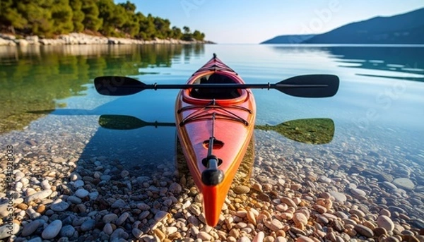 Obraz Vibrant red kayak resting on pebbled shore, reflecting calm water and serene landscape