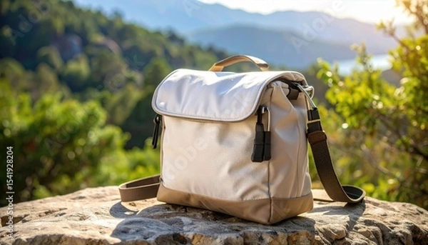Obraz A stylish outdoor bag resting on a rock, surrounded by lush greenery and mountains in the background