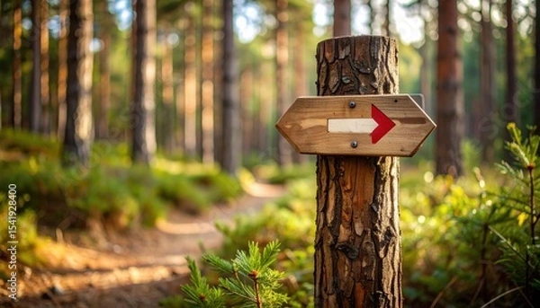 Obraz Wooden signpost with a right arrow guiding hikers through a tranquil forest trail