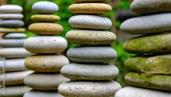 Obraz Stacked stones in a serene garden setting, showcasing balance and tranquility amidst nature