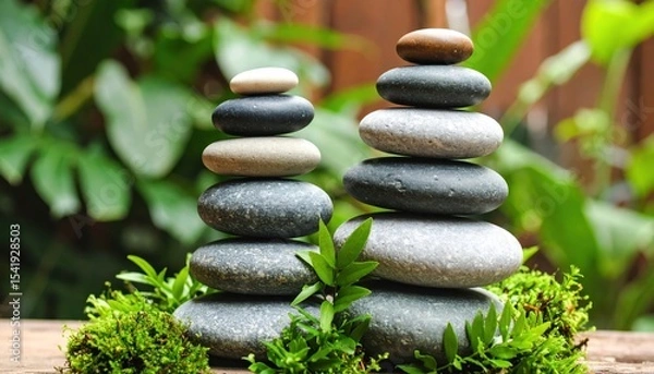 Obraz Two balanced stone towers surrounded by lush greenery, evoking tranquility and nature's beauty