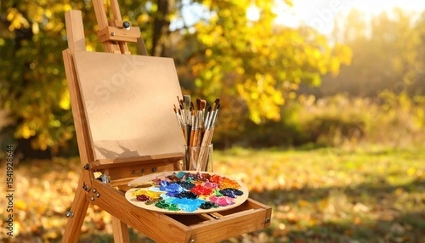 Obraz An artist's easel set up in a vibrant autumn landscape, ready for a creative painting session