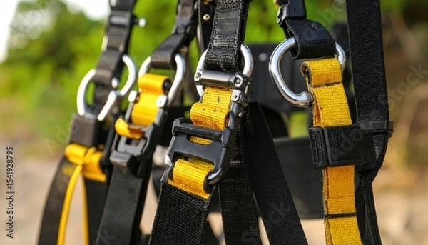 Obraz Close-up of black and yellow harness straps secured with metal buckles against a natural backdrop