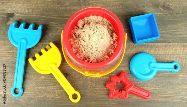 Obraz Colorful sand playset with various tools and molds, set on a wooden table, ideal for children’s activities