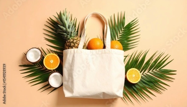 Obraz A canvas bag filled with oranges and a pineapple, surrounded by palm leaves and coconuts on a peach background