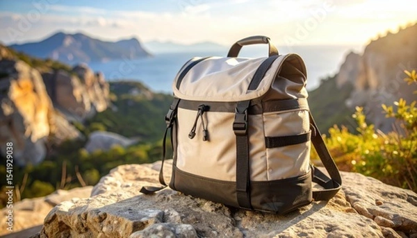 Obraz Stylish backpack resting on a rock with a scenic mountain and ocean view at sunset