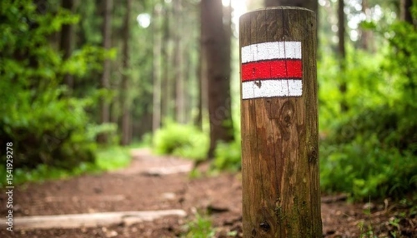 Obraz Trail marker with red and white stripes in a lush green forest, guiding hikers along a path