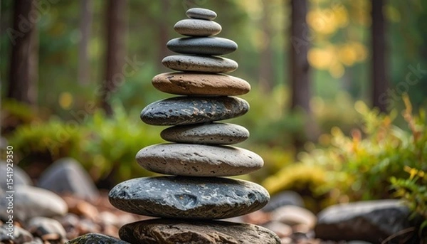 Obraz Balanced stone tower in serene forest setting with blurred greenery in the background