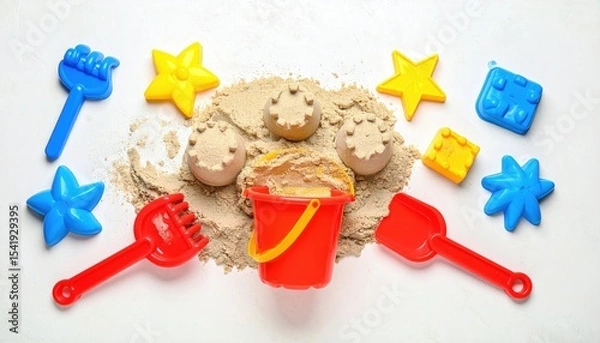 Obraz Colorful beach toys arranged around a bucket of sand, evoking childhood fun and creativity