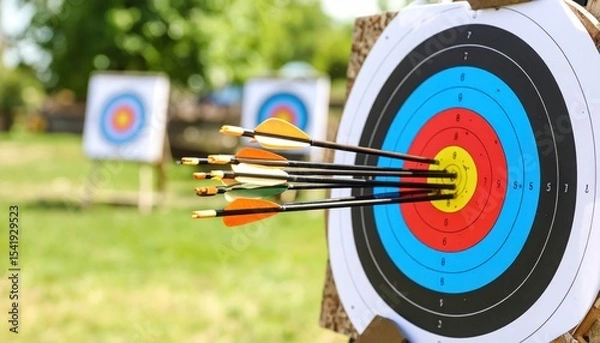 Obraz Archery practice in a lush green field with multiple targets and arrows hitting the bullseye