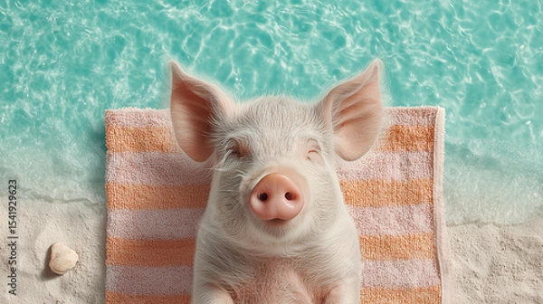 Fototapeta Cute pig relaxing on a towel by the pool on a sunny day, enjoying the warm weather and water