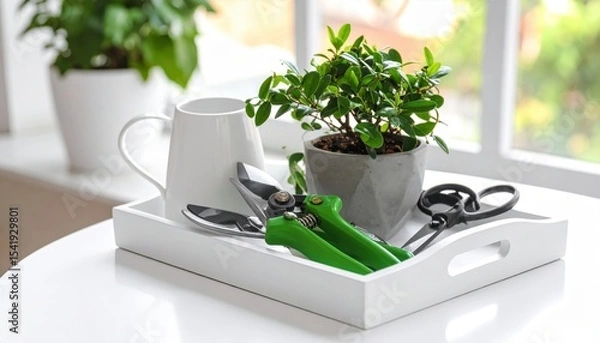 Obraz A serene indoor gardening scene featuring a potted plant, pruning tools, and a cup on a tray
