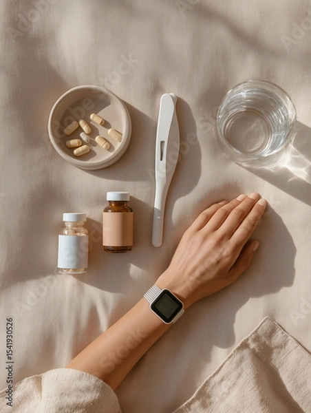 Fototapeta Health tracking tools arranged on a soft surface with a hand, medication, and a glass of water