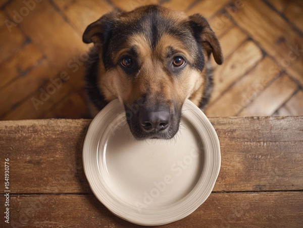 Fototapeta Home setting with a dog holding an empty plate, expressing anticipation for food during meal time