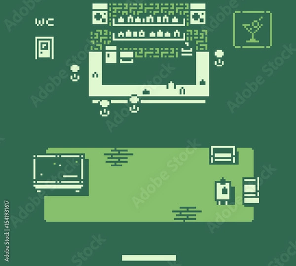 Fototapeta Pixel art bar interior in retro 8-bit style,  top down, minimalist game background,  vintage video games, UI design, nostalgic gaming visuals, game assets.