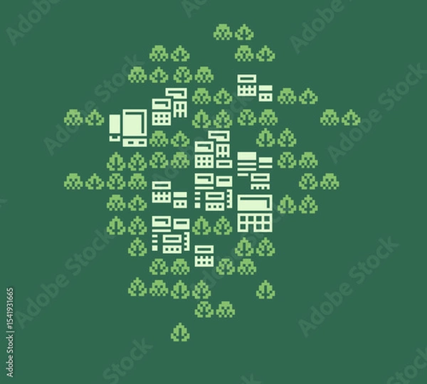 Fototapeta 8-bit pixel city surrounded by forest, retro top-down pixel art landscape, top-down, minimalist retro landscape, old-school game environments, UI assets, or nostalgic digital projects.