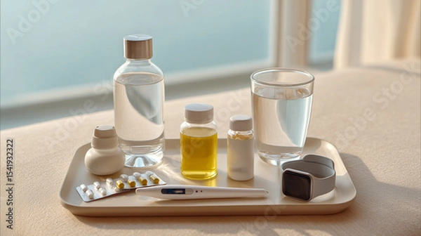 Fototapeta Health tracking essentials with preventive medicine tools arranged on a tray by the window in a bright setting
